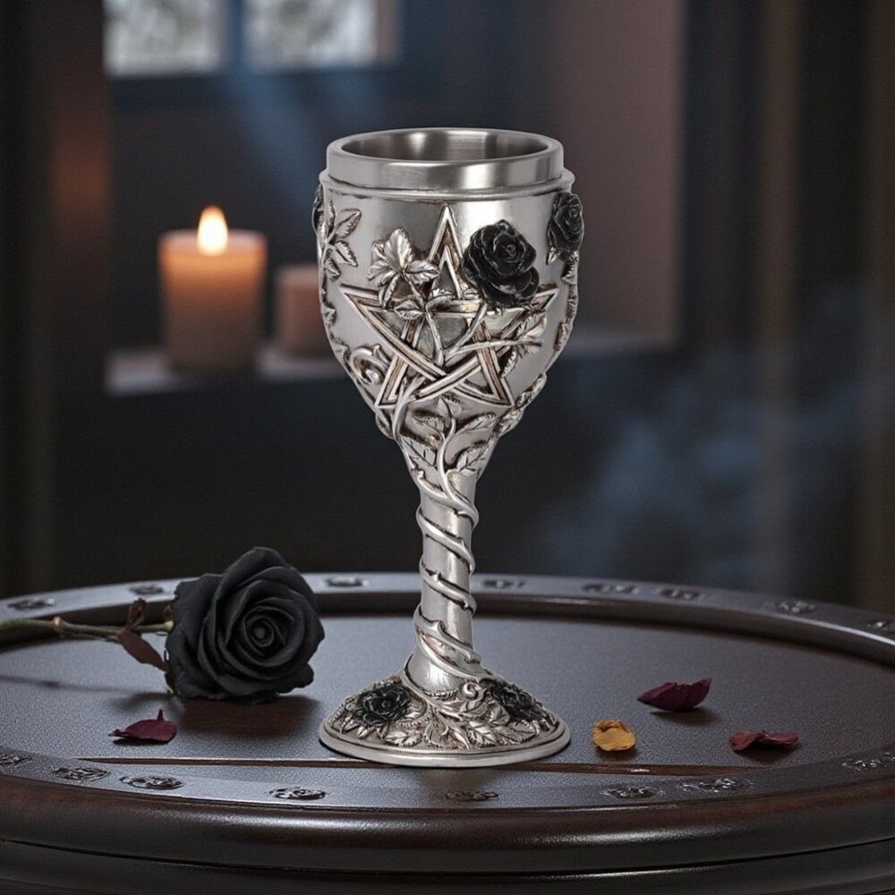 Alchemy Gothic ✦ Rose Pentagram Goblet Black Rose Ritual Chalice Stainless Steel